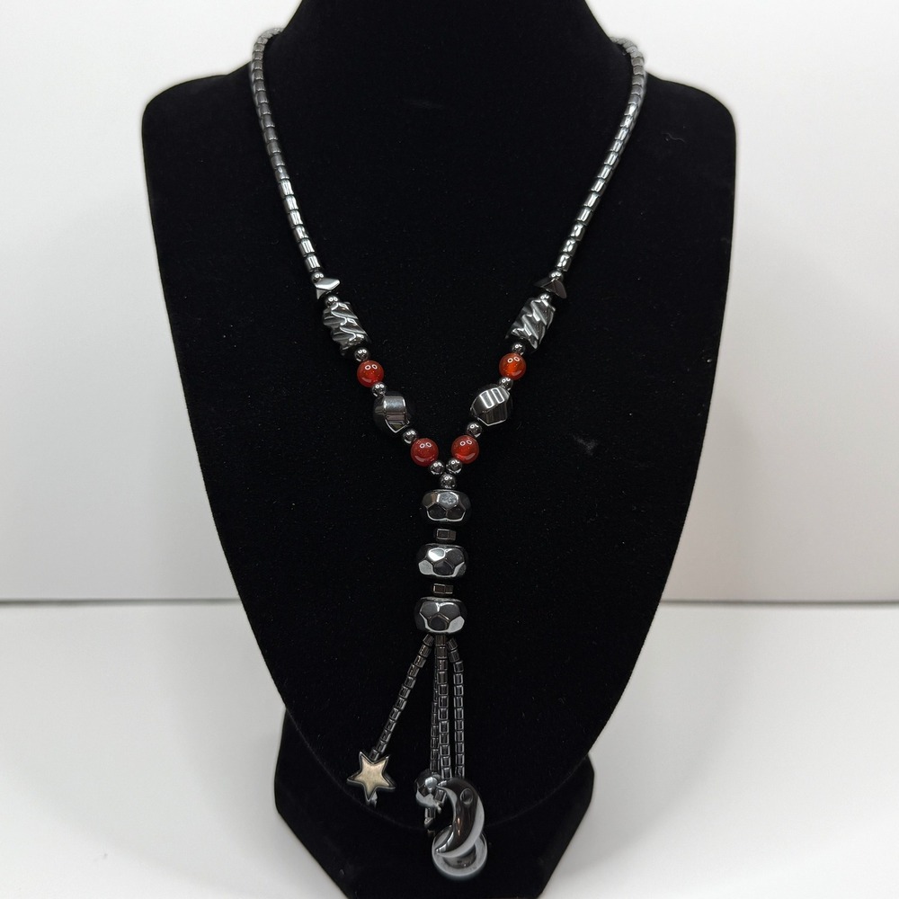 Hematite Y Necklace Star & Moon Charms Red Accent Glass Beads Jewelry 17.5 in L - Picture 2 of 7